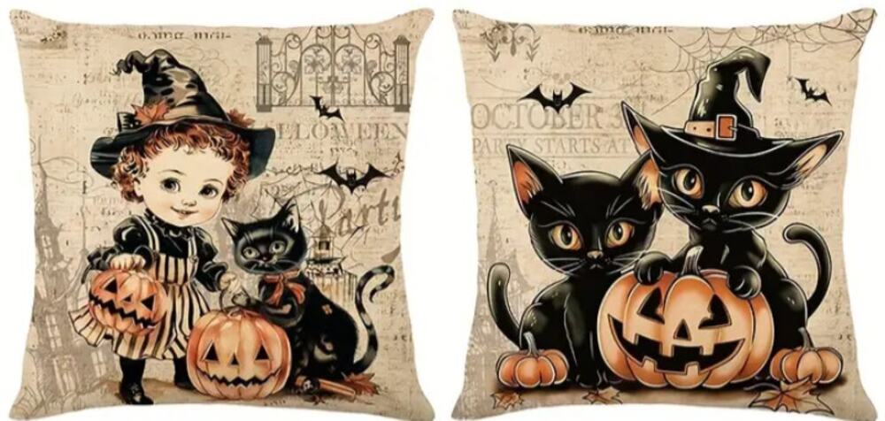 Victorian Halloween Pillow Covers Only 18x18 Black Cat Witch Girl Whimsy Fall